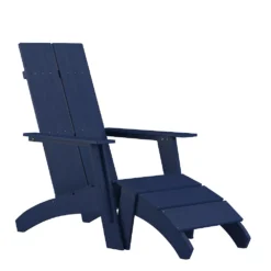 Emma And Oliver Indoor/Outdoor Modern 2-Slat Adirondack Style Chair And Footrest In Navy