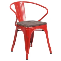 Emma And Oliver Red Metal Chair With Wood Seat And Arms