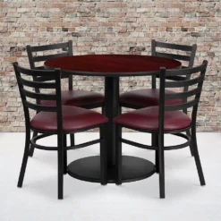 Emma And Oliver 36RD Black Table Set-RD Base & 4 Ladder Back Chairs,Burgundy Seat -Home furnishings 5978398 ALT