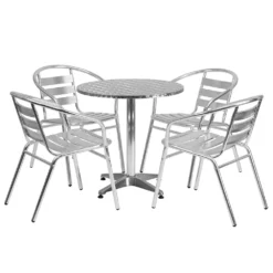 Emma And Oliver 27.5" Round Aluminum Table Set With 4 Slat Back Chairs