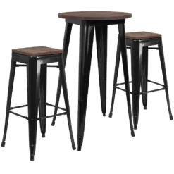 Emma And Oliver 24" Round Black Metal/Wood Bar Table Set - 2 Backless Stools