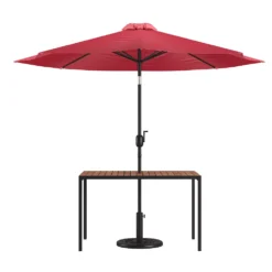 Emma And Oliver 3 Piece Patio Table Set - Synthetic Faux Teak 30" X 48" Dining Table With Umbrella Hole & Red Umbrella With Weighted Base