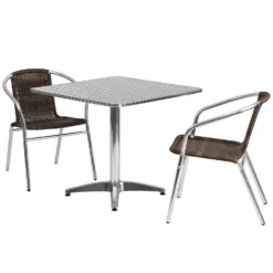 Emma And Oliver 31.5" Square Aluminum Table Set-2 Black Rattan Chairs