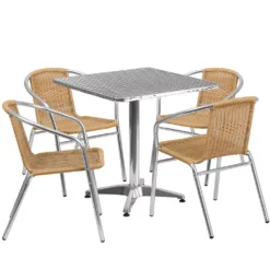 Emma And Oliver 27.5" Square Aluminum Table Set-4 Black Rattan Chairs