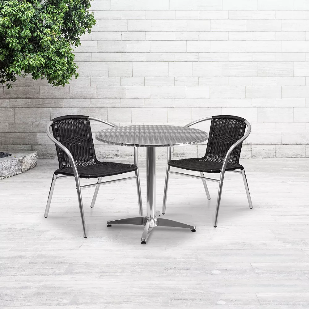 Emma And Oliver 31.5" Round Aluminum Table Set-2 Black Rattan Chairs 4 Emma And Oliver 31.5" Round Aluminum Table Set-2 Black Rattan Chairs - Image 2
