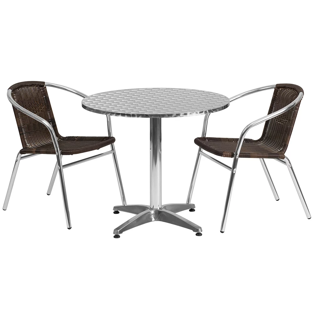 Emma And Oliver 31.5" Round Aluminum Table Set-2 Black Rattan Chairs 3 Emma And Oliver 31.5" Round Aluminum Table Set-2 Black Rattan Chairs
