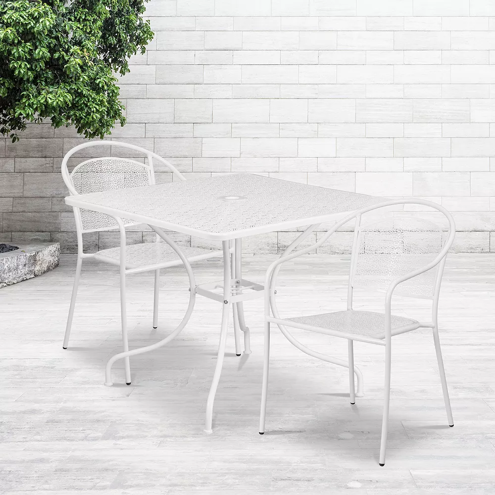 Emma And Oliver Commercial Grade 35.5" Square White Patio Table Set-2 Round Back Chairs 4 Emma And Oliver Commercial Grade 35.5" Square White Patio Table Set-2 Round Back Chairs - Image 2
