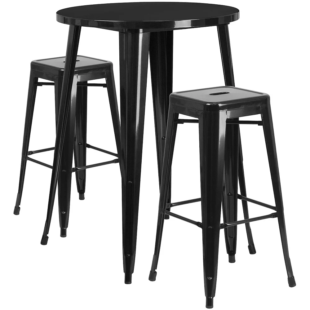 Emma And Oliver Commercial 30" Round Black Metal Bar Table Set-2 Square Seat Backless Stools 3 Emma And Oliver Commercial 30" Round Black Metal Bar Table Set-2 Square Seat Backless Stools