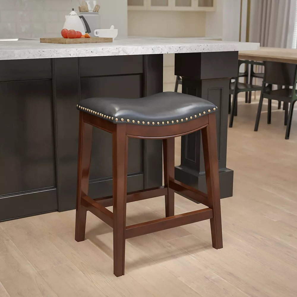 Emma And Oliver 26"H Backless Cappuccino Wood Counter Stool With Saddle Seat 4 Emma And Oliver 26"H Backless Cappuccino Wood Counter Stool With Saddle Seat - Image 2