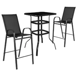 Emma And Oliver 3 Piece Outdoor Bar Height Set-Glass Patio Bar Table-Gray All-Weather Barstools