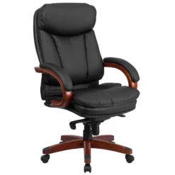 Emma And Oliver High Back Black LeatherSoft Synchro-Tilt Ergonomic Office Chair With Wood Base