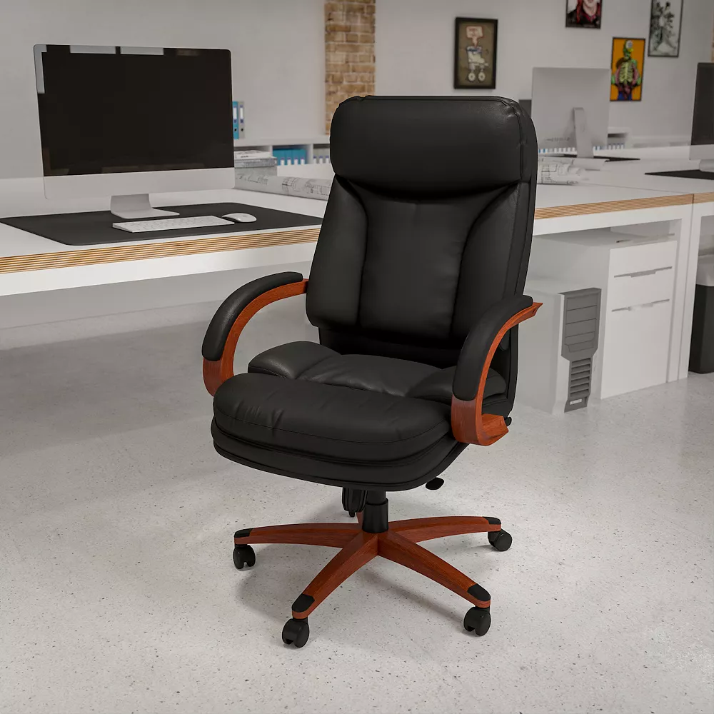 Emma And Oliver High Back Black LeatherSoft Synchro-Tilt Ergonomic Office Chair With Wood Base 4 Emma And Oliver High Back Black LeatherSoft Synchro-Tilt Ergonomic Office Chair With Wood Base - Image 2