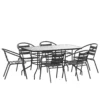 Emma And Oliver 7 Piece Patio Table & Chairs Set With 31.5"x55" Rectangular Metal Table With Tempered Glass Top And 6 Black Aluminum Stacking Chairs