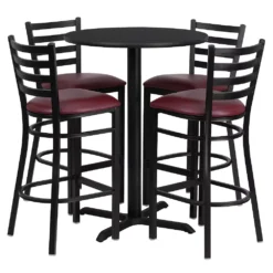 Emma And Oliver 30RD Mahogany Table Set-X-Base & 4 Ladder Back Stools,Black Seat