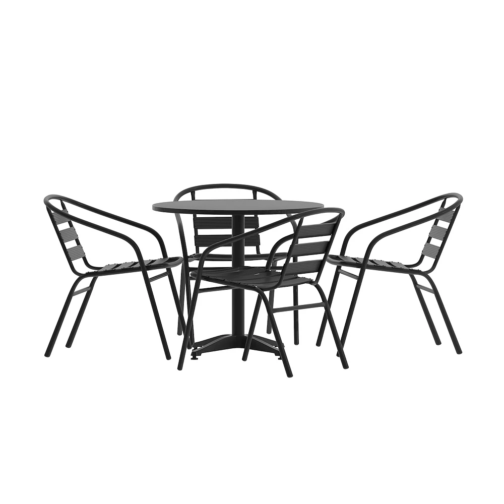 Emma And Oliver 31.5" Round Aluminum Table Set With 4 Slat Back Chairs 3 Emma And Oliver 31.5" Round Aluminum Table Set With 4 Slat Back Chairs