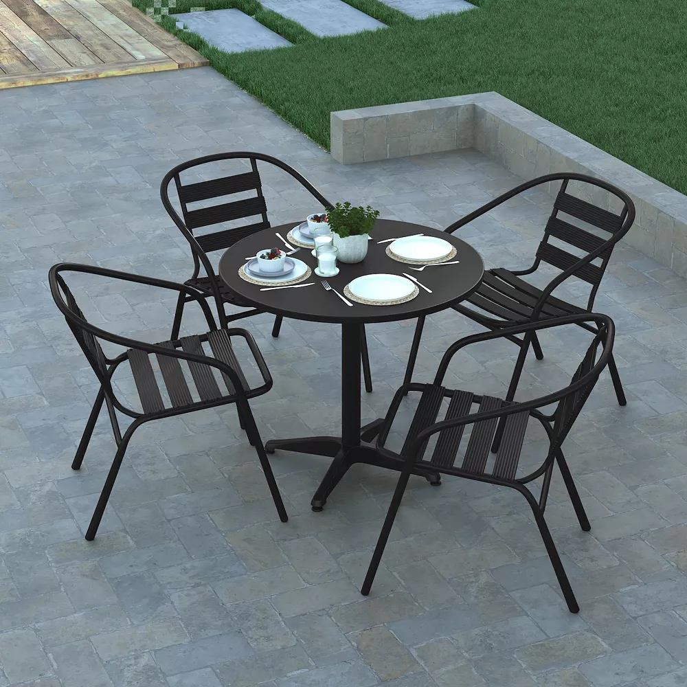Emma And Oliver 31.5" Round Aluminum Table Set With 4 Slat Back Chairs 5 Emma And Oliver 31.5" Round Aluminum Table Set With 4 Slat Back Chairs - Image 3
