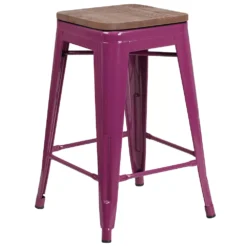 Emma And Oliver 24"H Backless Purple Counter Height Stool With Wood Seat