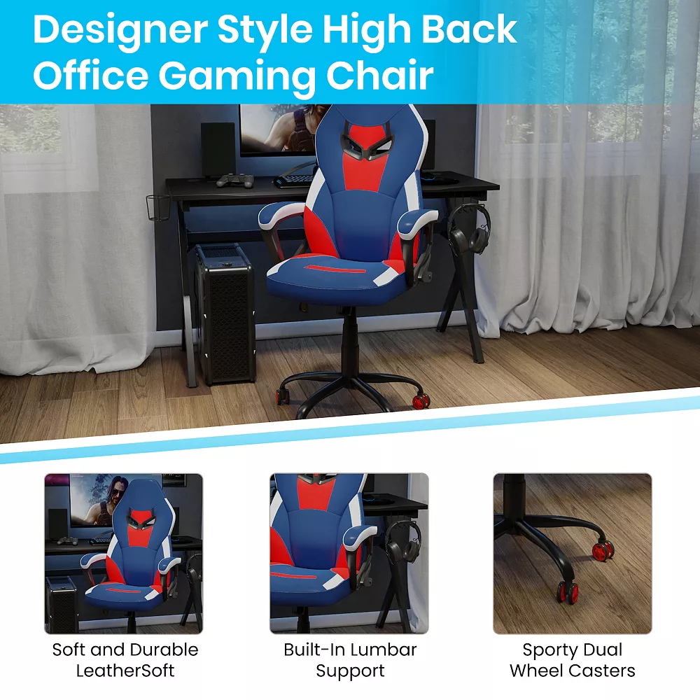 Emma And Oliver Faux Leather Ergonomic High Back Gaming Chair With Adjustable Seat Height, Lumbar Support And Padded Arms In Red, White & Blue 5 Emma And Oliver Faux Leather Ergonomic High Back Gaming Chair With Adjustable Seat Height, Lumbar Support And Padded Arms In Red, White & Blue - Image 3