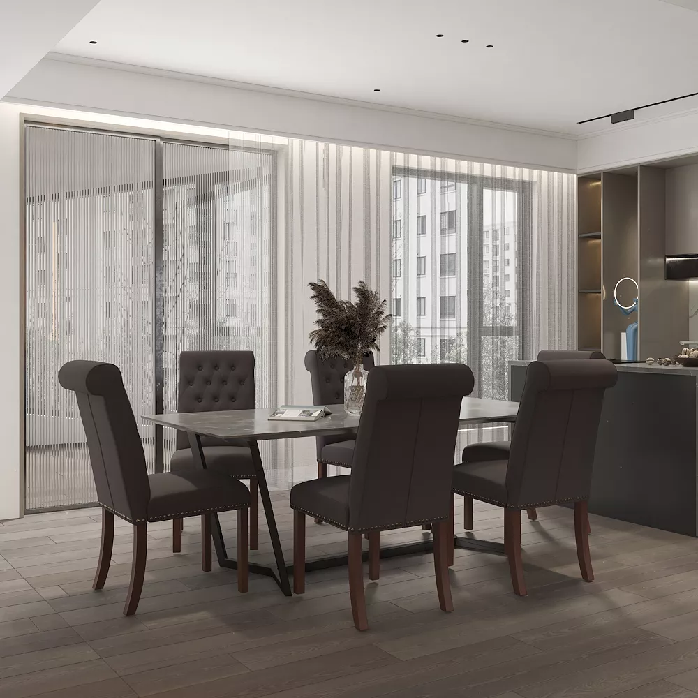 Emma And Oliver 6 PK Beige Fabric Upholstered Rolled Back Parsons Chair With Nailhead Trim & Walnut Finished Frame With Plastic Floor Glides 4 Emma And Oliver 6 PK Beige Fabric Upholstered Rolled Back Parsons Chair With Nailhead Trim & Walnut Finished Frame With Plastic Floor Glides - Image 2