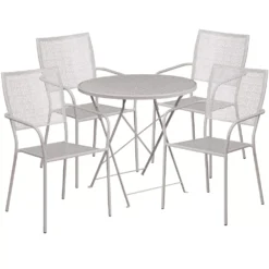 Emma And Oliver Commercial 30" Round Light Gray Folding Patio Table Set-4 Square Back Chairs