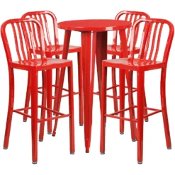 Emma And Oliver Commercial Grade 24" Round Blue Metal Bar Table Set-4 Vertical Slat Back Stools