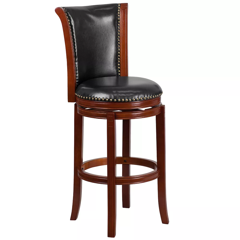 Emma And Oliver 30"H Panel Back Dark Chestnut Wood Swivel Barstool 3 Emma And Oliver 30"H Panel Back Dark Chestnut Wood Swivel Barstool
