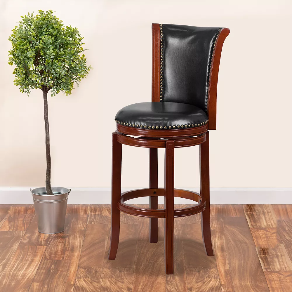 Emma And Oliver 30"H Panel Back Dark Chestnut Wood Swivel Barstool 4 Emma And Oliver 30"H Panel Back Dark Chestnut Wood Swivel Barstool - Image 2