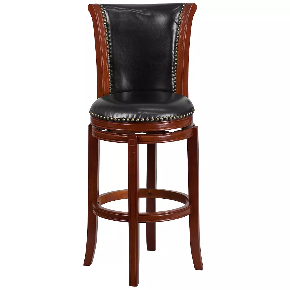 Emma And Oliver 30"H Panel Back Dark Chestnut Wood Swivel Barstool 5 Emma And Oliver 30"H Panel Back Dark Chestnut Wood Swivel Barstool - Image 3