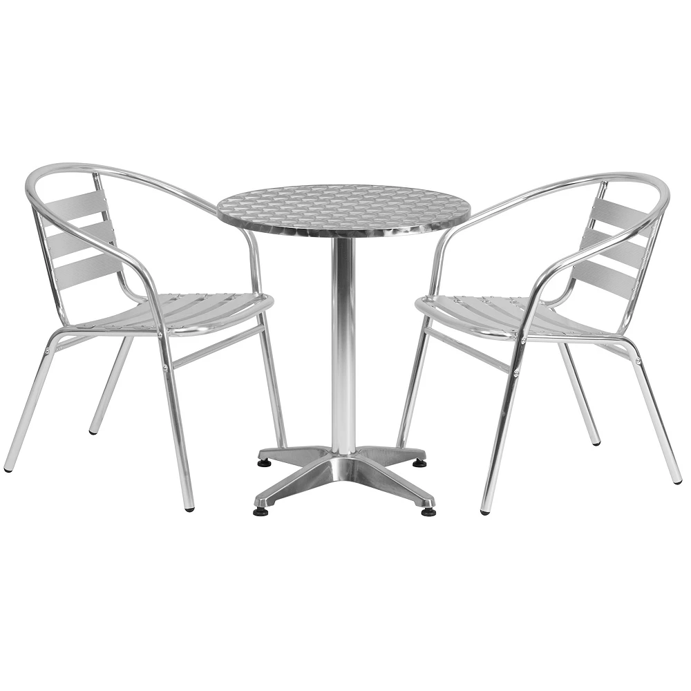 Emma And Oliver 23.5" Round Aluminum Table Set With 2 Slat Back Chairs 3 Emma And Oliver 23.5" Round Aluminum Table Set With 2 Slat Back Chairs