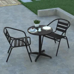 Emma And Oliver 23.5" Round Aluminum Table Set With 2 Slat Back Chairs 8 Emma And Oliver 23.5" Round Aluminum Table Set With 2 Slat Back Chairs -Home furnishings 5978570 ALT2