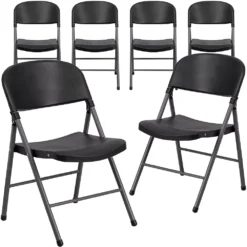 Emma And Oliver 6 Pack 330 Lb. Capacity Black Plastic Folding Chair - Charcoal Frame - Event Chair