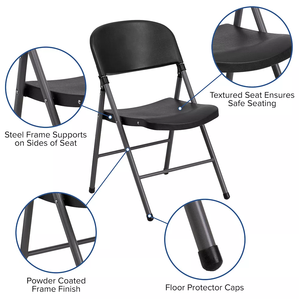 Emma And Oliver 6 Pack 330 Lb. Capacity Black Plastic Folding Chair - Charcoal Frame - Event Chair 6 Emma And Oliver 6 Pack 330 Lb. Capacity Black Plastic Folding Chair - Charcoal Frame - Event Chair - Image 4