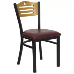 Emma And Oliver Black Slat Back Metal Restaurant Chair - Natural Wood Back & Seat