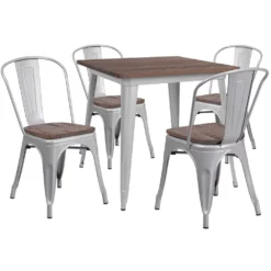 Emma And Oliver 31.5" Square Silver Metal/Wood Table Set - 4 Stack Chairs