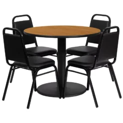 Emma And Oliver 36"RD Natural Laminate Table Set-RD Base & 4 Black Banquet Chairs