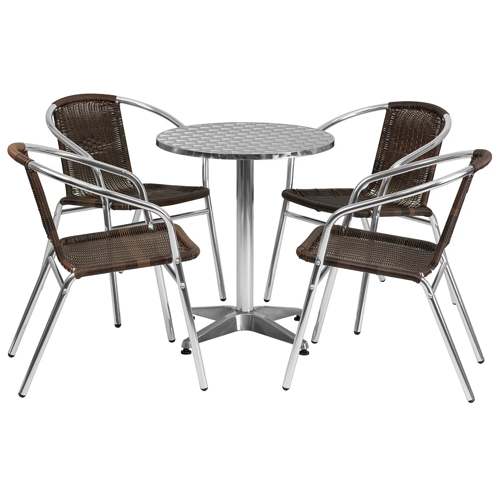 Emma And Oliver 23.5" Round Aluminum Table Set-4 Dark Brown Rattan Chairs 3 Emma And Oliver 23.5" Round Aluminum Table Set-4 Dark Brown Rattan Chairs