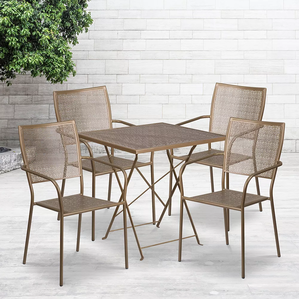 Emma And Oliver Commercial Grade 28" Square Coral Folding Patio Table Set-4 Square Back Chairs 4 Emma And Oliver Commercial Grade 28" Square Coral Folding Patio Table Set-4 Square Back Chairs - Image 2