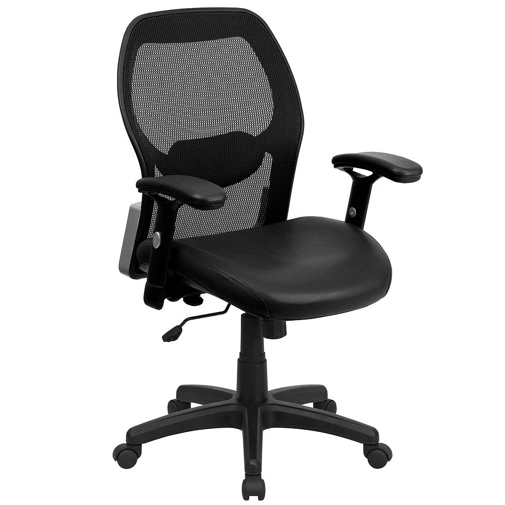 Emma And Oliver Mid-Back Black Mesh/LeatherSoft Executive Office Chair - Adjustable Lumbar 3 Emma And Oliver Mid-Back Black Mesh/LeatherSoft Executive Office Chair - Adjustable Lumbar