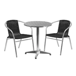 Emma And Oliver 23.5" Round Aluminum Table Set-2 Dark Brown Rattan Chairs