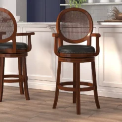 Emma And Oliver 30"H Woven Rattan Back Expresso Wood Barstool With Arms 7 Emma And Oliver 30"H Woven Rattan Back Expresso Wood Barstool With Arms -Home furnishings 5978673 ALT