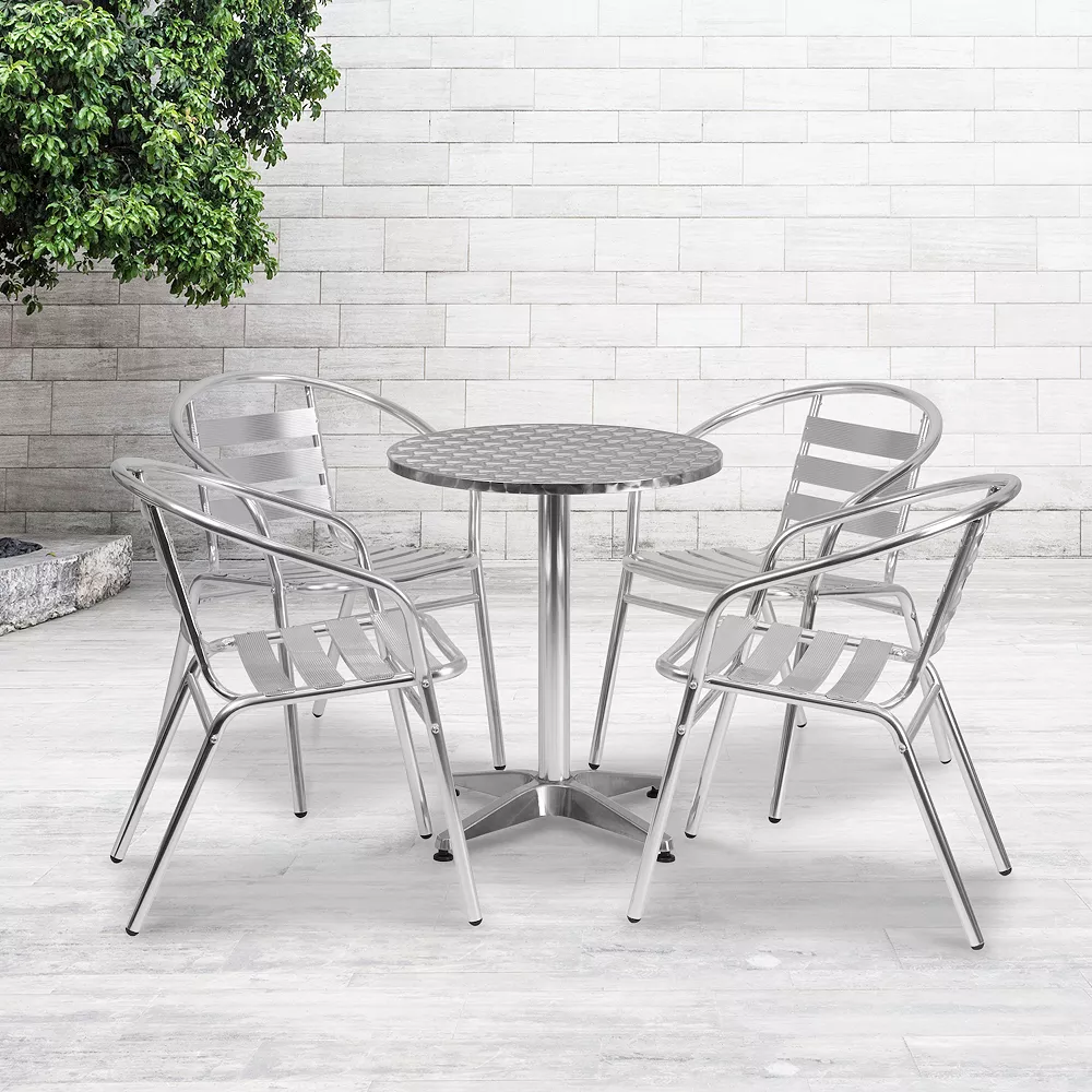 Emma And Oliver 23.5" Round Aluminum Table Set With 4 Slat Back Chairs 4 Emma And Oliver 23.5" Round Aluminum Table Set With 4 Slat Back Chairs - Image 2
