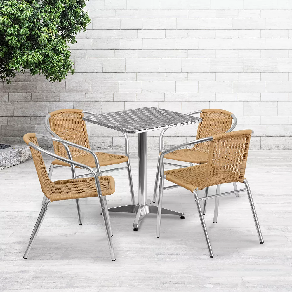 Emma And Oliver 23.5" Square Aluminum Table Set-4 Beige Rattan Chairs 4 Emma And Oliver 23.5" Square Aluminum Table Set-4 Beige Rattan Chairs - Image 2