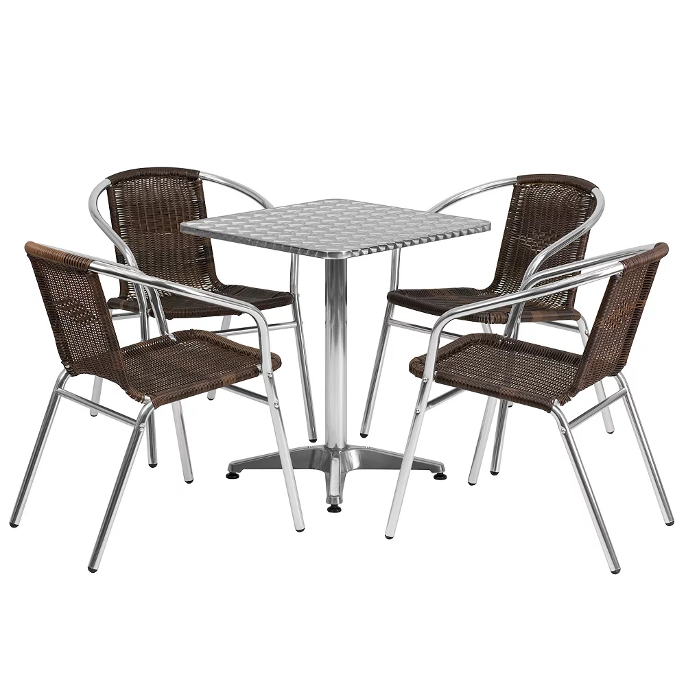 Emma And Oliver 23.5" Square Aluminum Table Set-4 Beige Rattan Chairs 3 Emma And Oliver 23.5" Square Aluminum Table Set-4 Beige Rattan Chairs