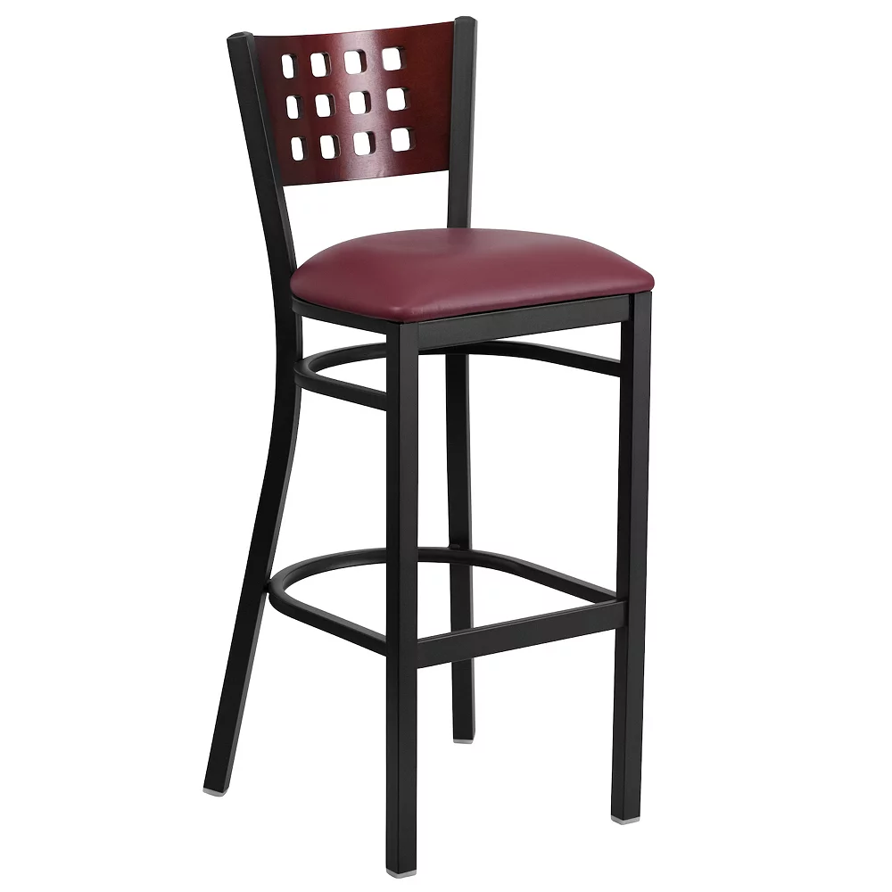 Emma And Oliver Black Metal Cutout Back Barstool, Wood Back & Seat 3 Emma And Oliver Black Metal Cutout Back Barstool, Wood Back & Seat