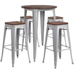 Emma And Oliver 30" Round Silver Metal/Wood Bar Table Set - 4 Backless Stools