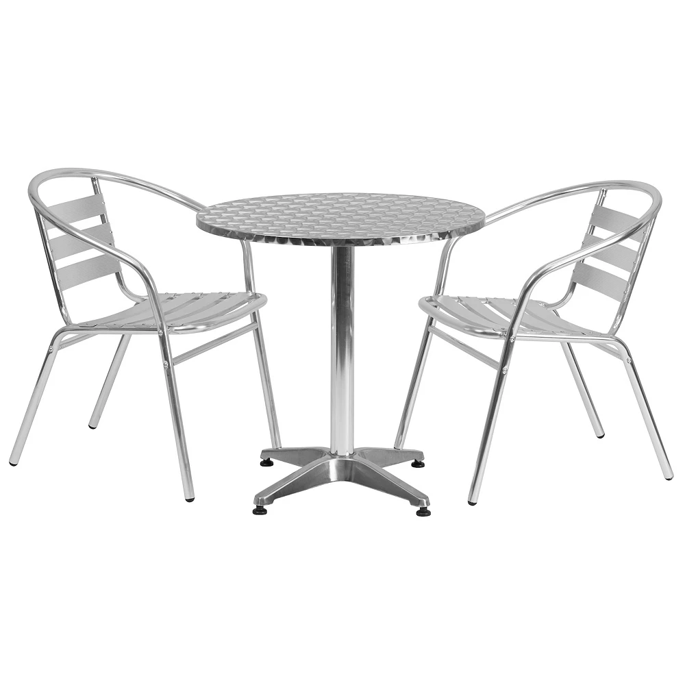 Emma And Oliver 27.5" Round Aluminum Table Set With 2 Slat Back Chairs 3 Emma And Oliver 27.5" Round Aluminum Table Set With 2 Slat Back Chairs