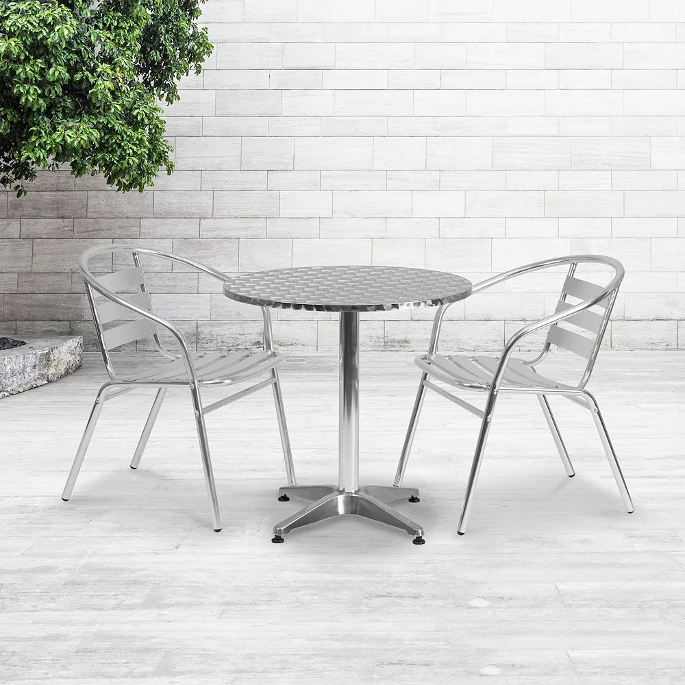 Emma And Oliver 27.5" Round Aluminum Table Set With 2 Slat Back Chairs 4 Emma And Oliver 27.5" Round Aluminum Table Set With 2 Slat Back Chairs - Image 2