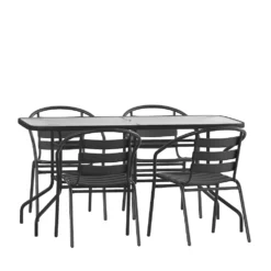 Emma And Oliver 5 Piece Patio Table & Chairs Set With 31.5"x55" Rectangular Metal Table With Tempered Glass Top And 4 Black Aluminum Stacking Chairs