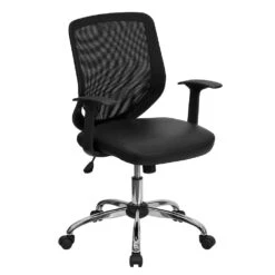 Emma And Oliver Mid-Back Black Mesh Tapered Back Swivel Task Office Chair, LeatherSoft Seat