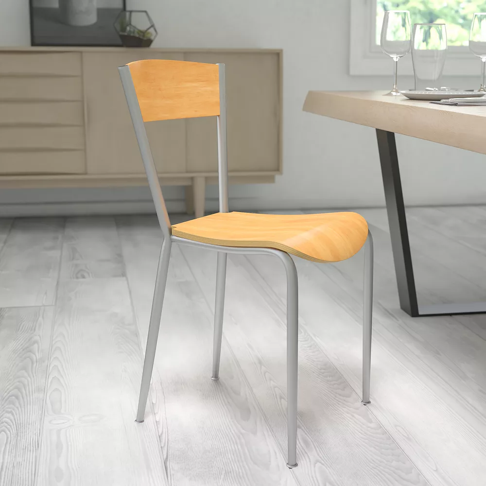 Emma And Oliver Silver Metal Restaurant Chair With Natural Wood Back & Seat 4 Emma And Oliver Silver Metal Restaurant Chair With Natural Wood Back & Seat - Image 2